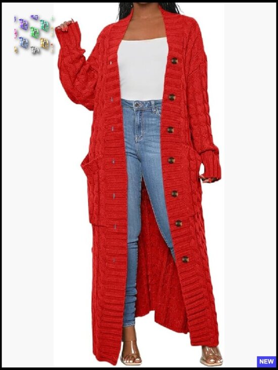 Sweaters - Chunky Cable Knit Maxi Cardigan with Pockets Loose Fit V-Neck Pullover